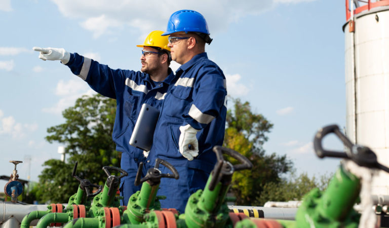 oilfield workers discussing safety