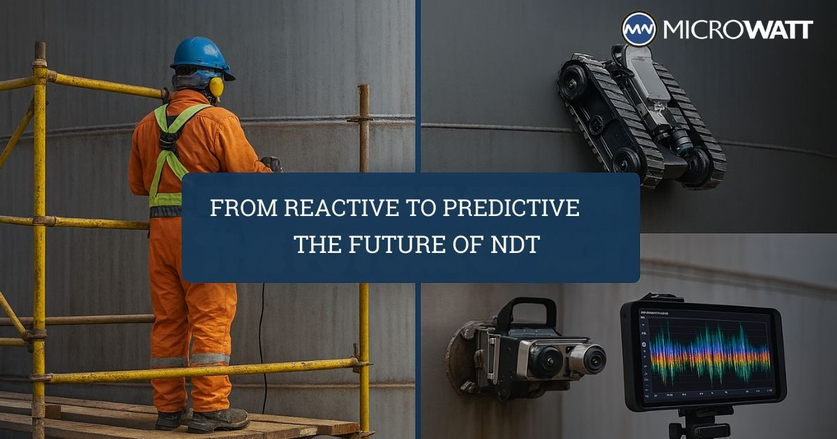 Collage of nondestructive testing technologies, including a worker inspecting a tank, a robotic crawler, an acoustic imaging device, and the Microwatt logo, illustrating the shift from reactive to predictive NDT.