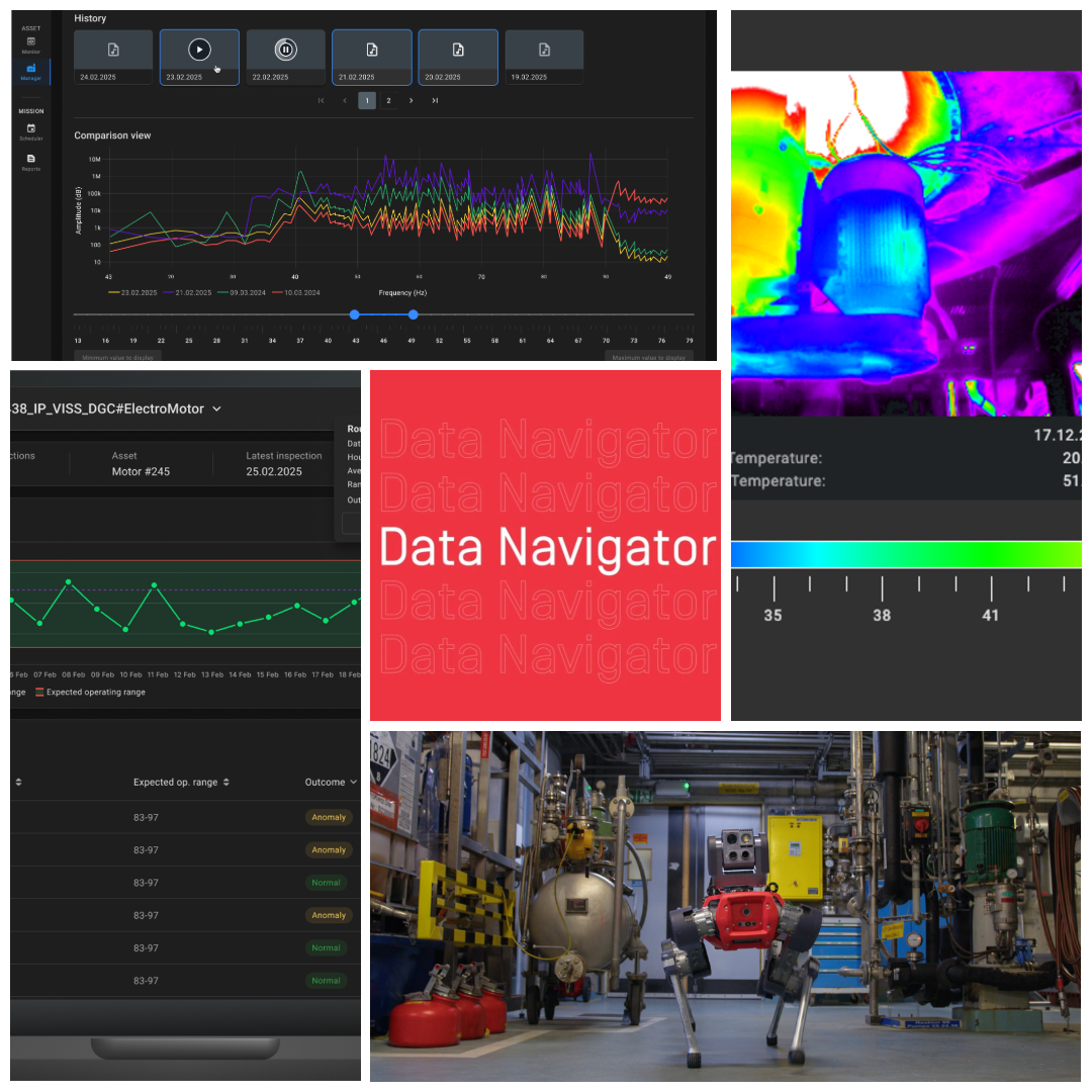Collage showing Data Navigator dashboards with inspection trends, anomaly tracking, thermal imaging results, and the ANYmal robot in an industrial facility